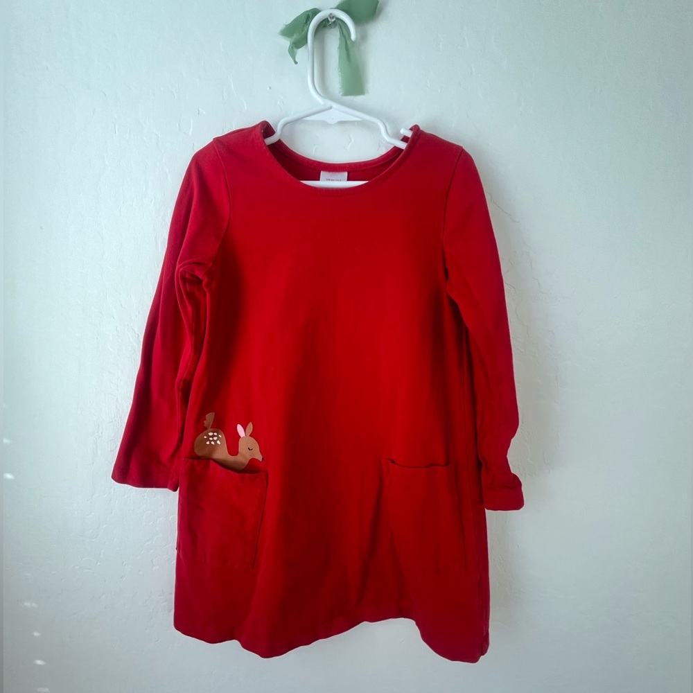Red Hanna Anderson Dress 100% Cotton Pocket Art Deer Dress